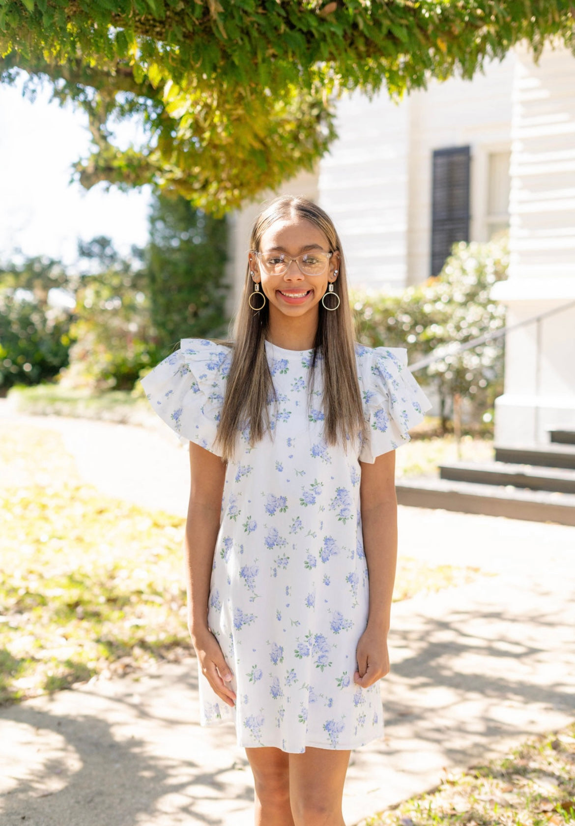 Blue Floral Ruffle Sleeve dress