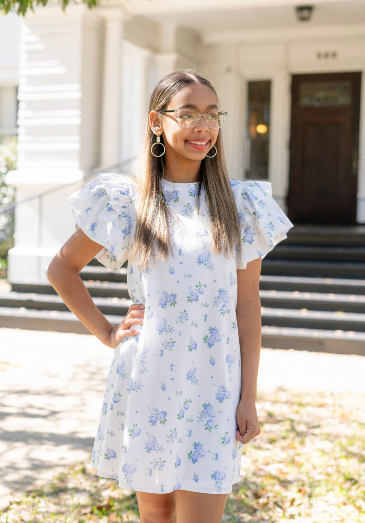Blue Floral Ruffle Sleeve dress