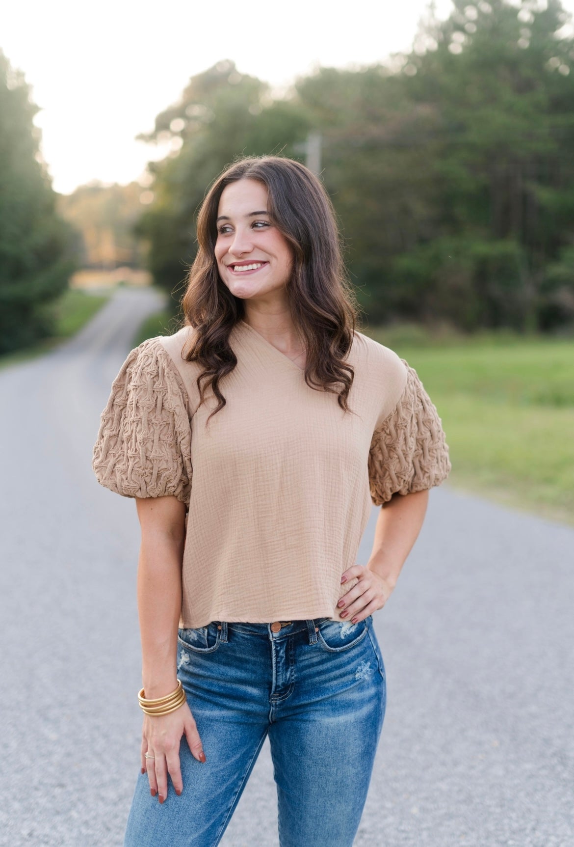 Tan Textured Puff Sleeve